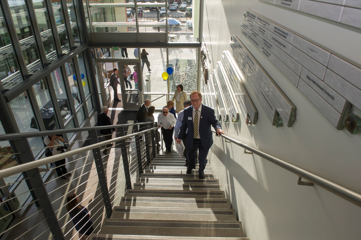 Michael Lairmore leads group up a set of stairs.