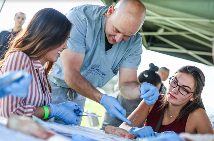 Medical professional demonstrating how to suture