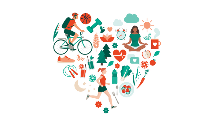 Illustrations of healthy lifestyle arranged in a heart