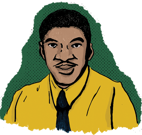 pen and ink portrait of a Black man wearing a yellow shirt and dark tie, against a green background