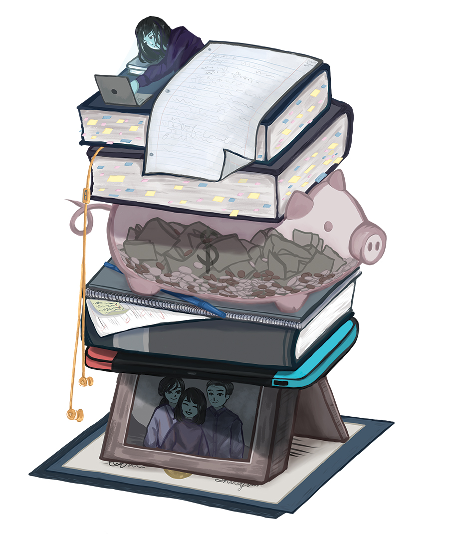 Conceptual illustration of a student studying on top of giant books, a piggy bank, games, family photos, and a diploma, showing balancing school and life.