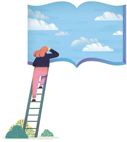 Illustration: Woman at top of ladder peering through book that has open sky inside.