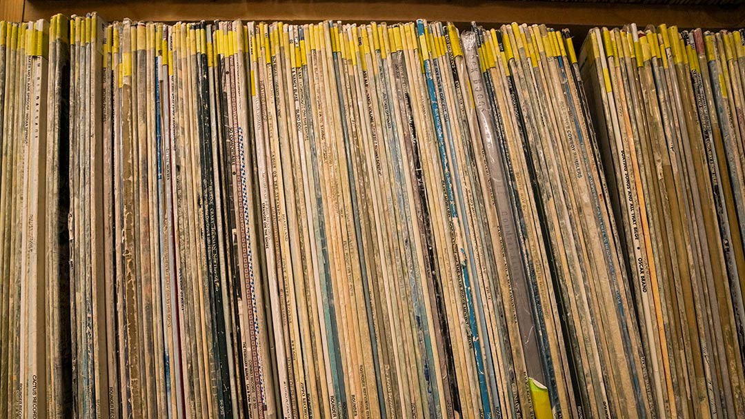 A straight-on view of a shelf packed with records. The worn ends of all the jackets are seen in a vertical arrangement. 