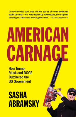 Book titled "American Carnage" with photo of Elon Musk holding a chainsaw on right. 