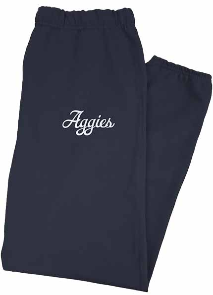 Dark blue sweatpants with "Aggies" text