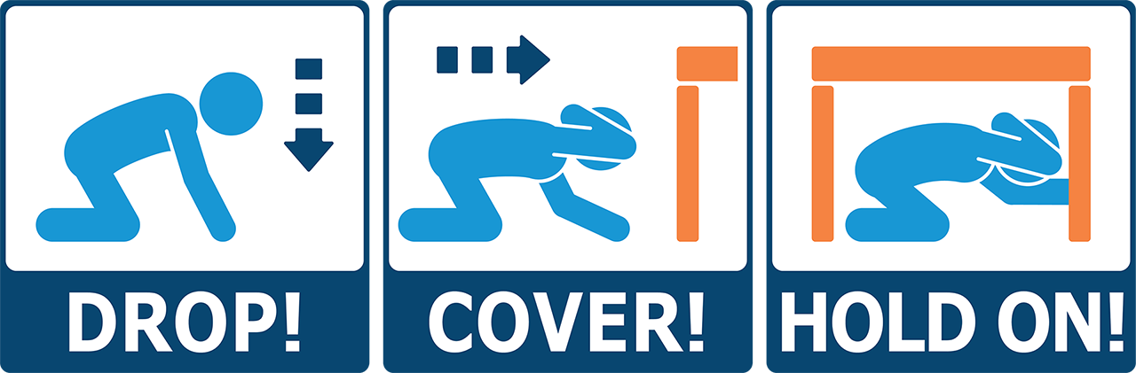 Graphic shows a person dropping, covering and holding on under a table