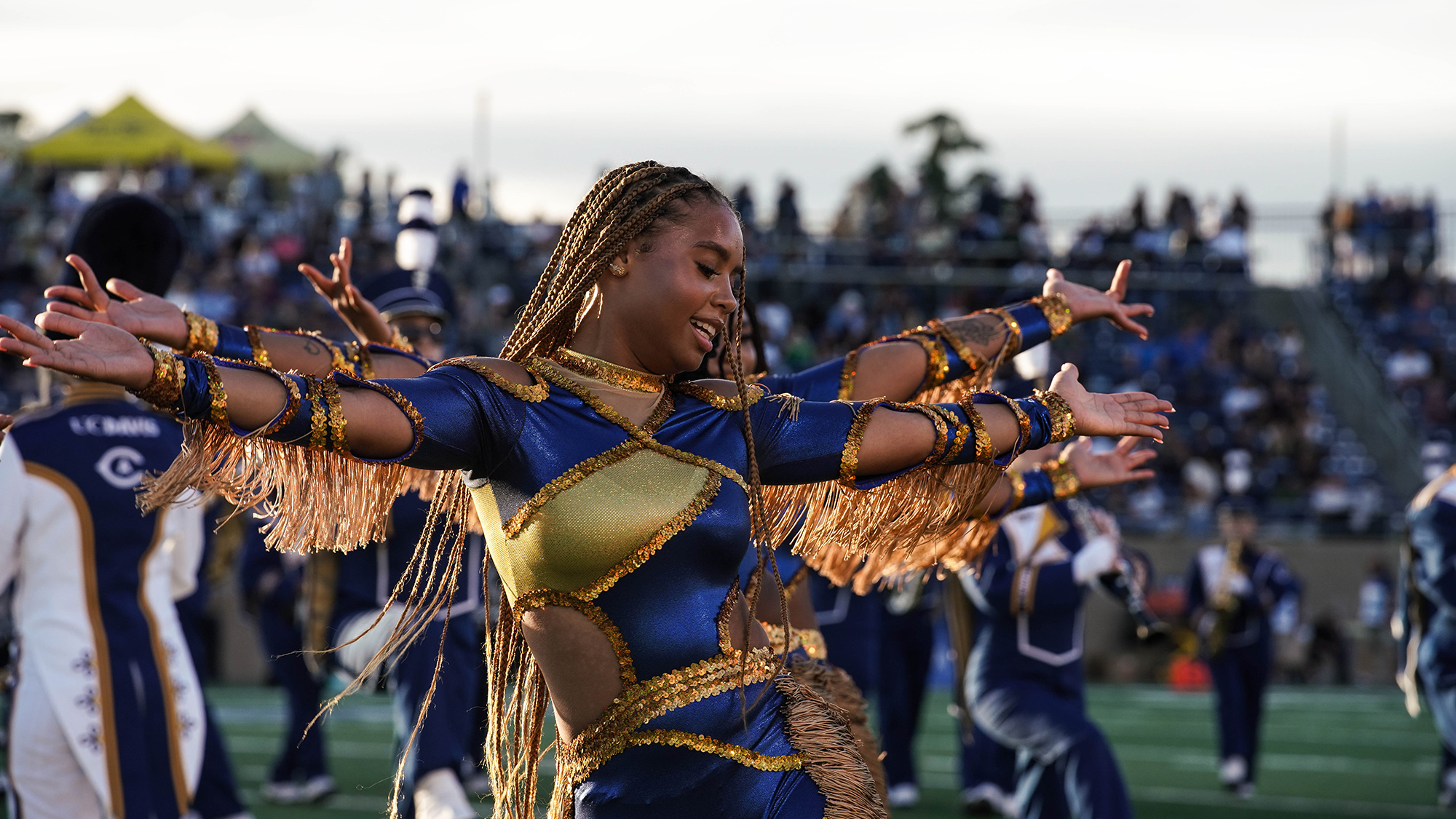 Majorette performance on the football field at UC Davis