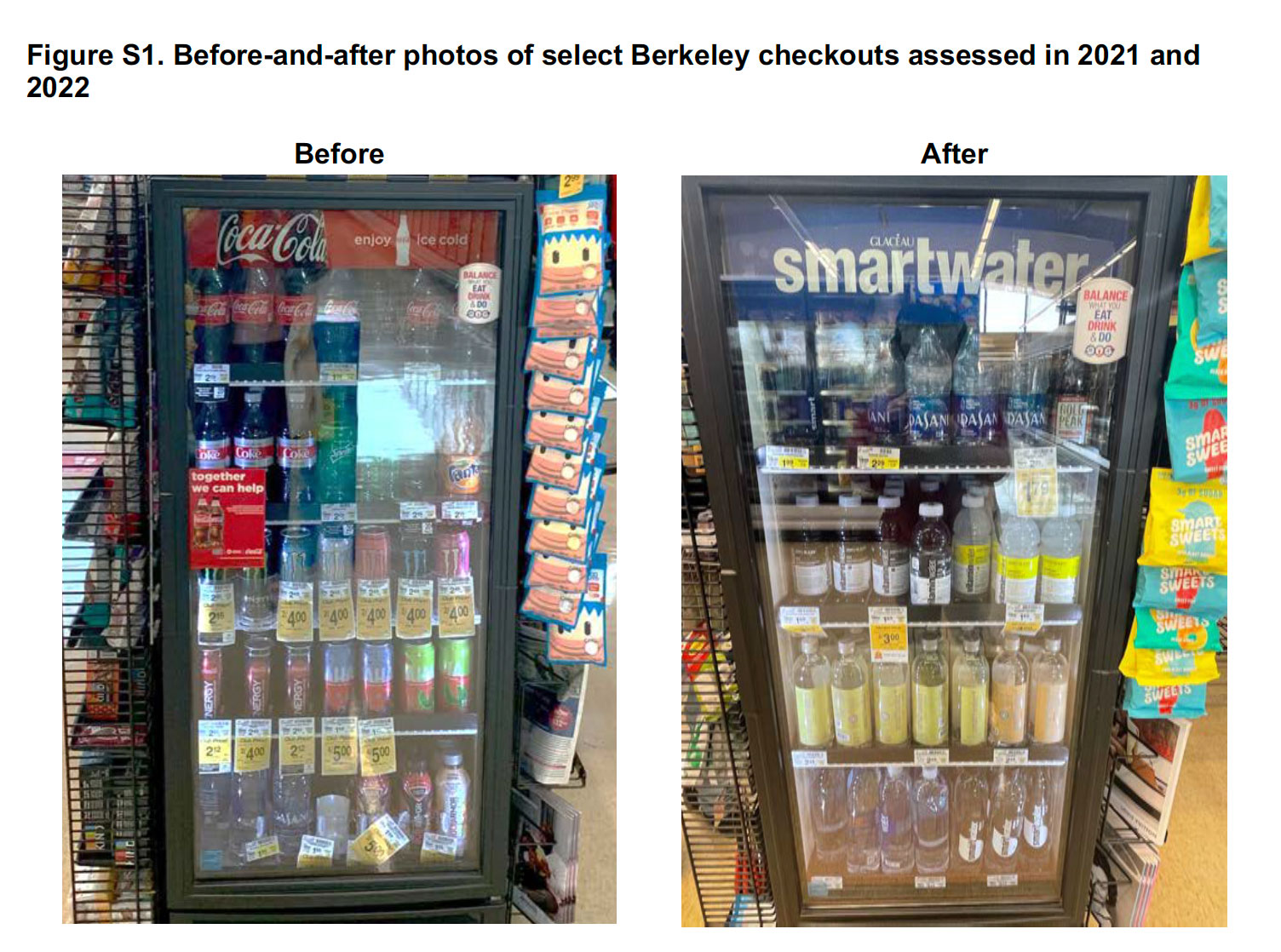 Before and after shot of refrigerator at checkout stand