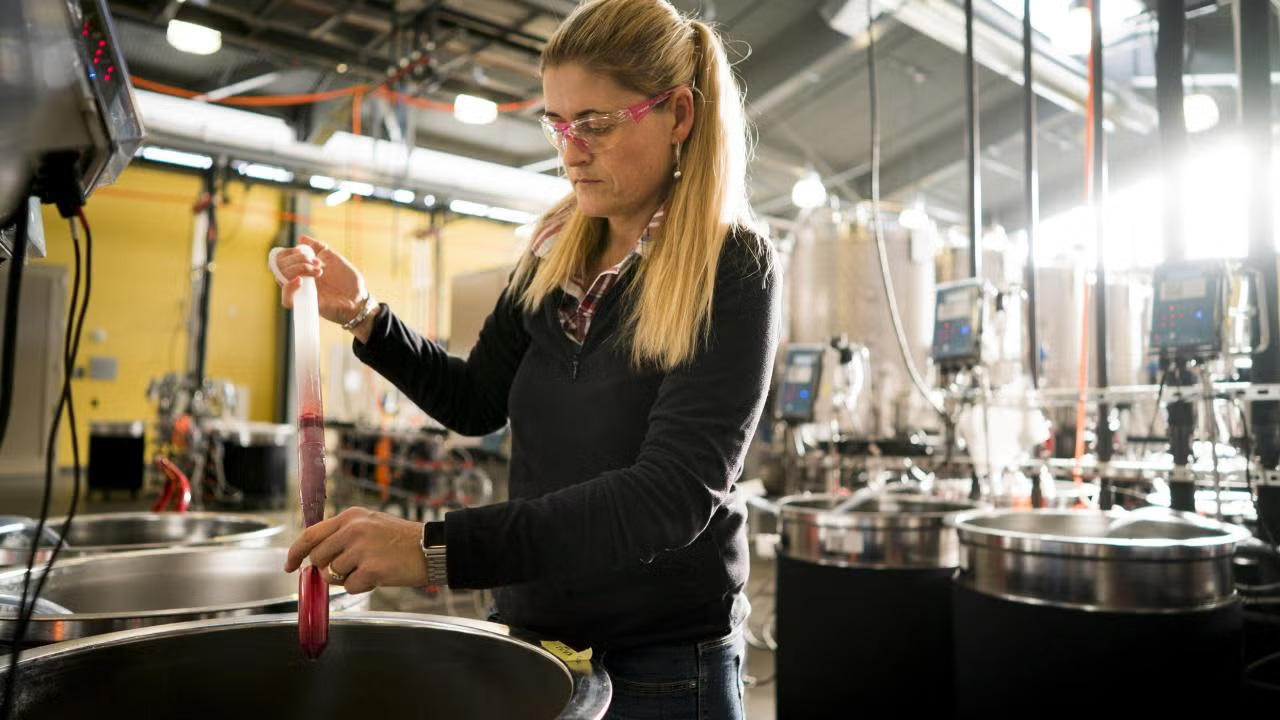 Woman in a black sweater uses a pipette in a brewery, surrounded by stainless steel tanks.