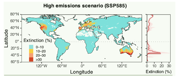 Map graphic of global extinctions under SSP5‑8.5, red hotspots in SE Asia and eastern North America.