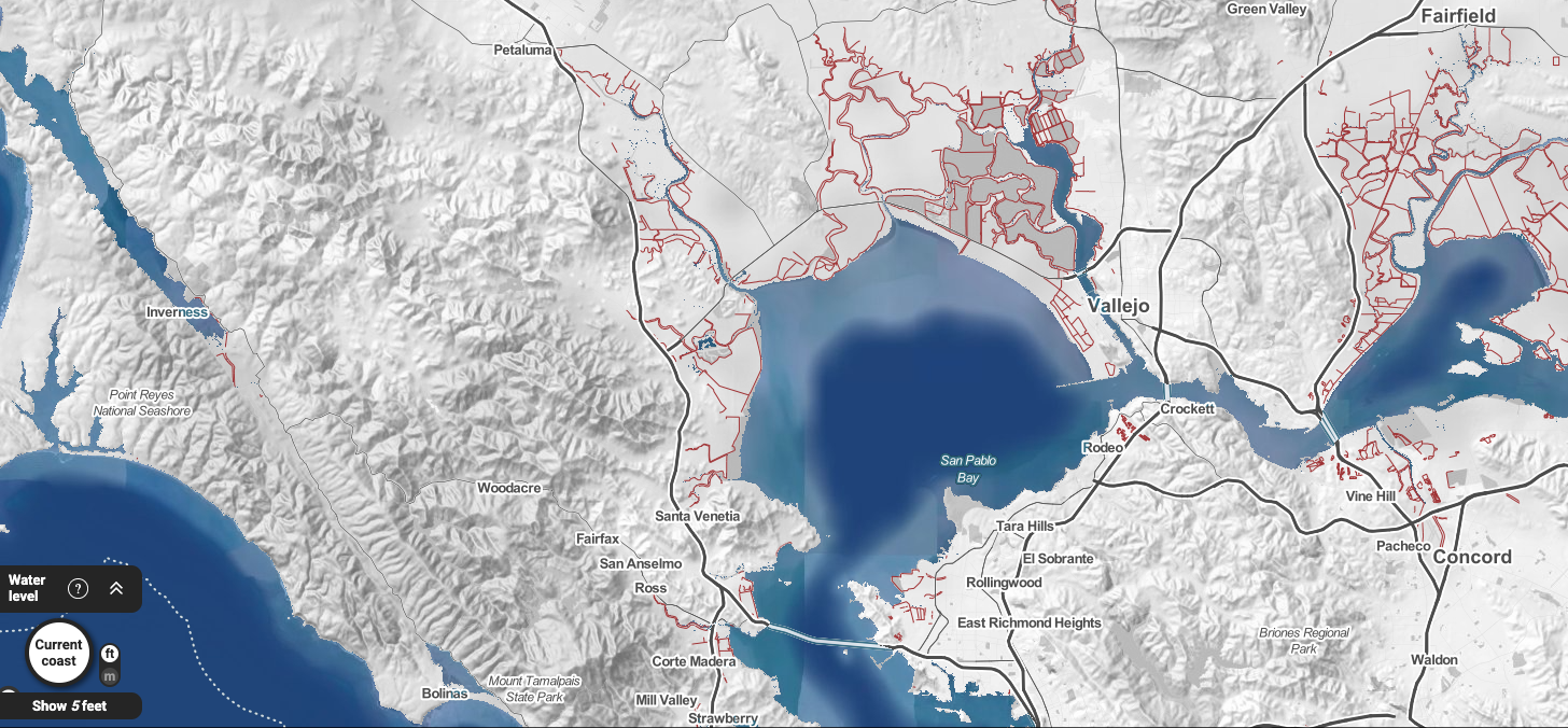 Topographic map graphic of coastal bay with blue water, grey hills, and red roads