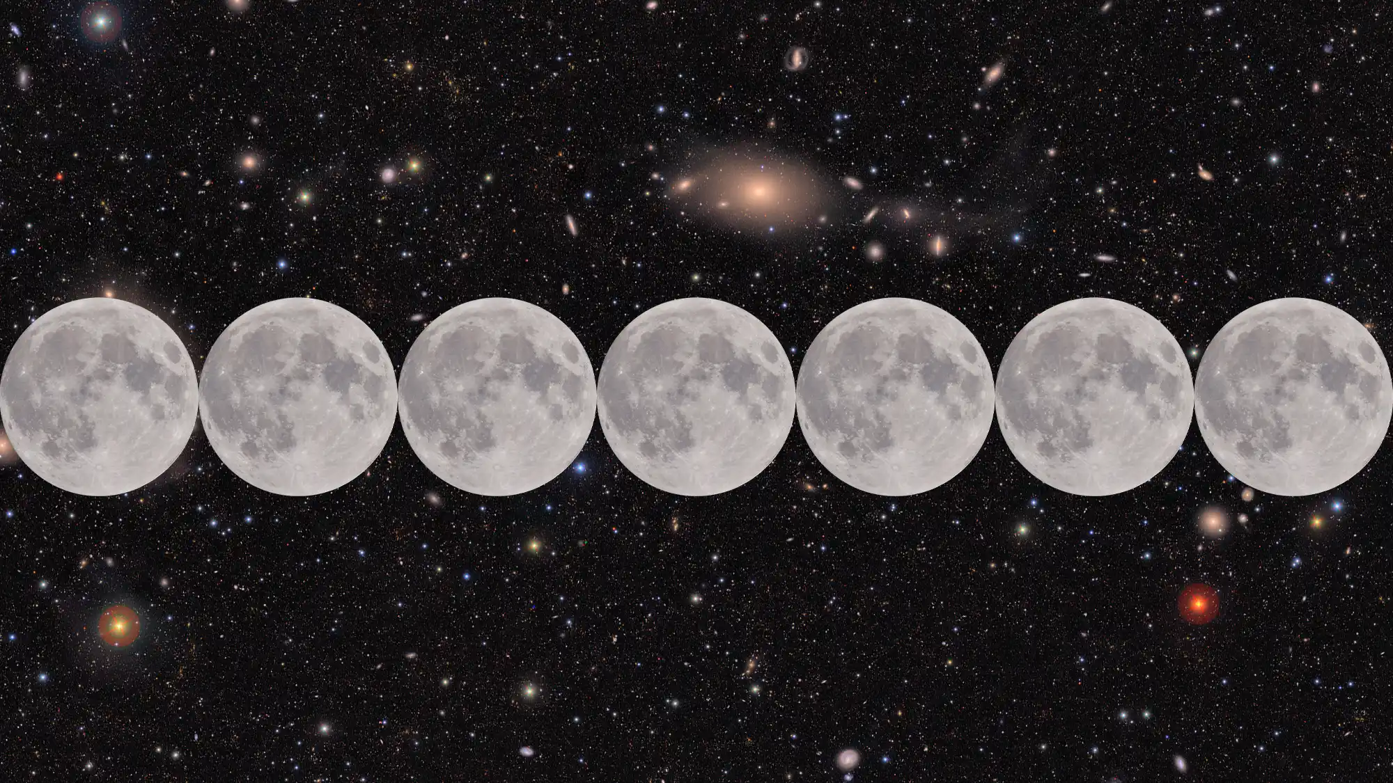Graphic of seven full moons aligned horizontally over a starry space background