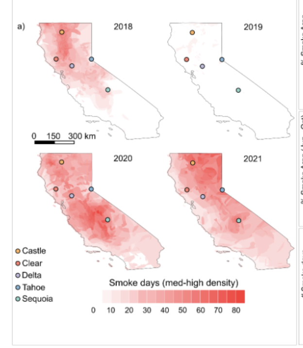 a scientific figure shows 4 outlines of the state of california with varying degrees of red indicating smoke density coverage over 5 lakes (Castle, Clear, Delta, Tahoe and Sequoia) for each year 2018, 2019, 2020 and 2021