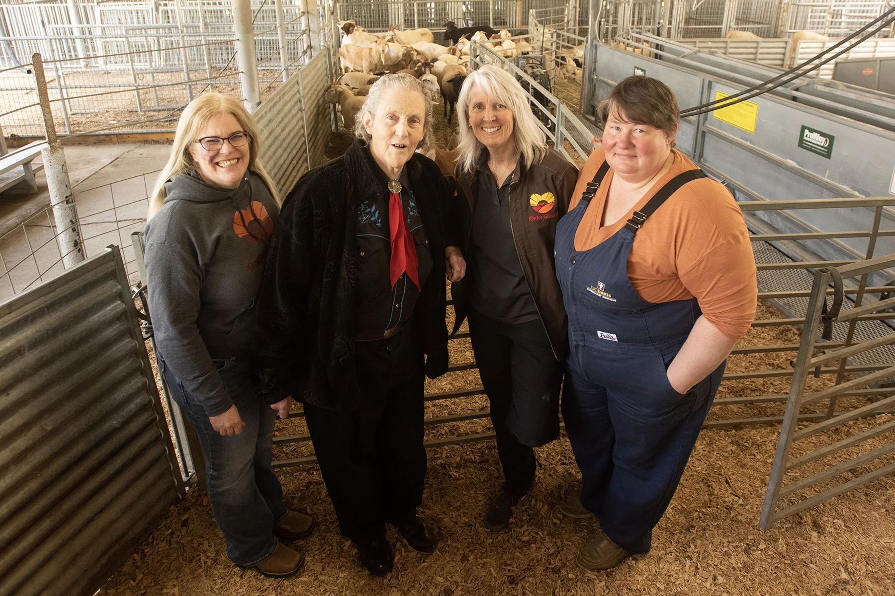 Four smiling women in a barn livestock pen, one wearing blue overalls, photo
