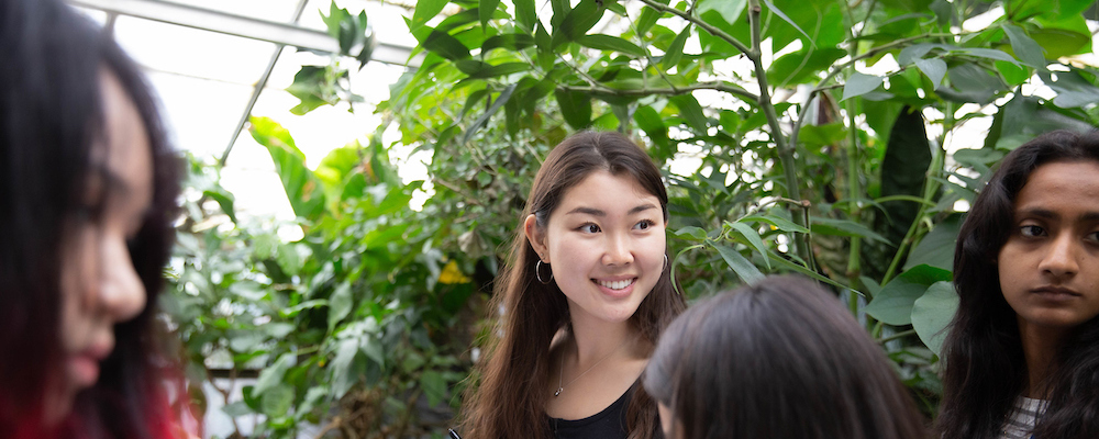 Students smile in a botanical garden at UC Davis. 