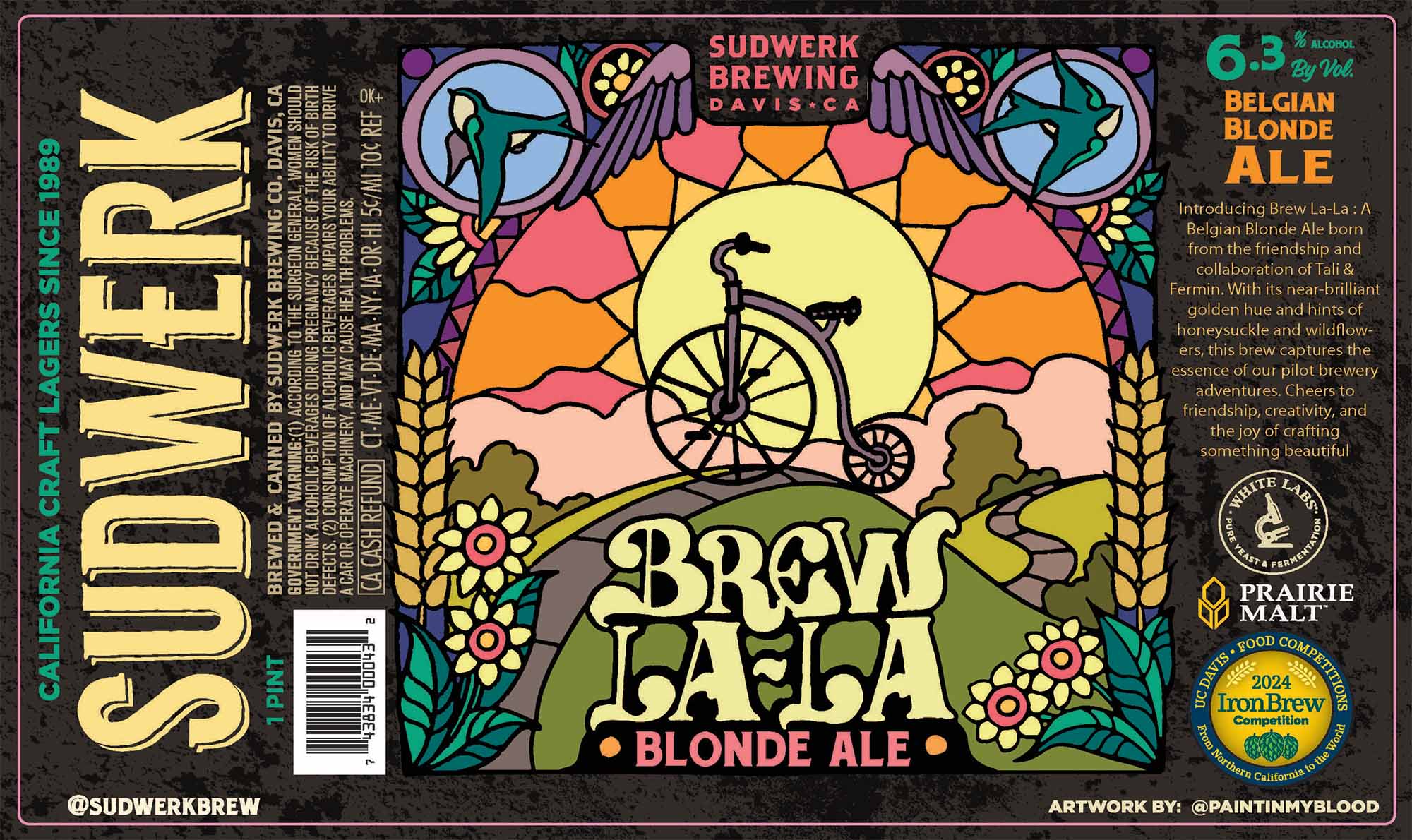 A colorful label for Sudwerk Brewing's "Brew La-La Belgian Blonde Ale" with Art Nouveau-style illustration featuring flowers, wheat, birds, bike. Text includes beer name, "Introducing Brew La-La...born from friendship of Tali & Fermin", brewery info, 6.3% ABV, artist credit, "PRAIRIE MALT", and "2024 Iron Brew Competition" logo