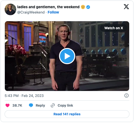 Screenshot of a post on X with a video of Daniel Craig introducing The Weekend on Saturday Night Live