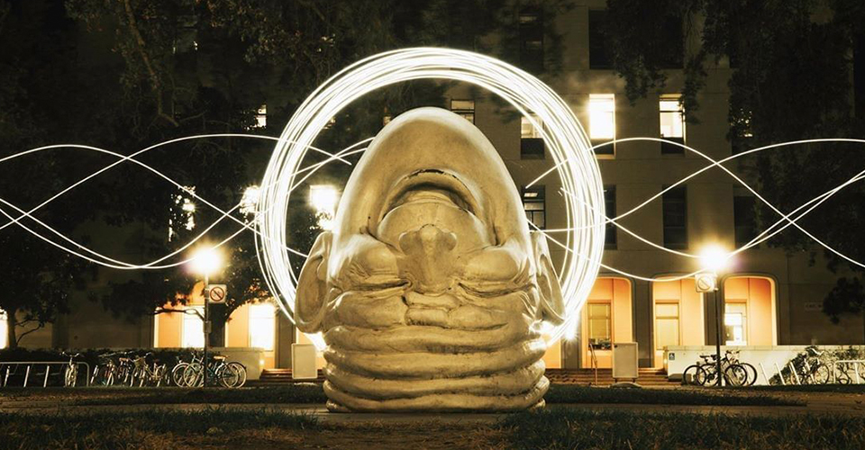 egghead statue in front of mrak hall at uc davis