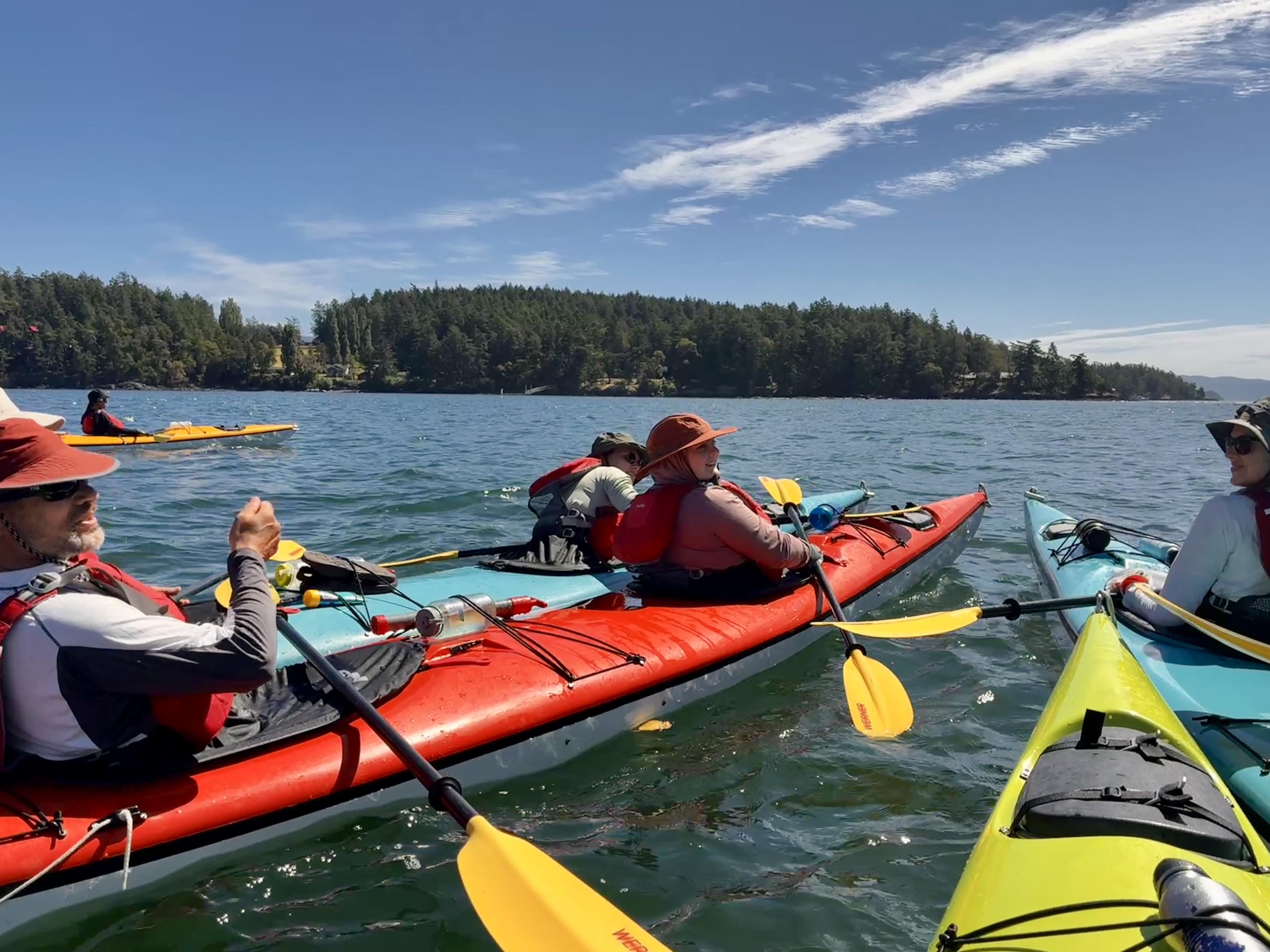 Group of kayakers in colorful kayaks on calm blue lake near forested shore