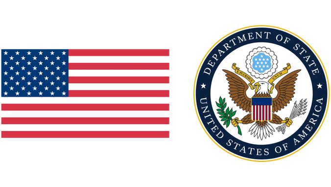 United States flag and U.S. Department of State seal logo on white background