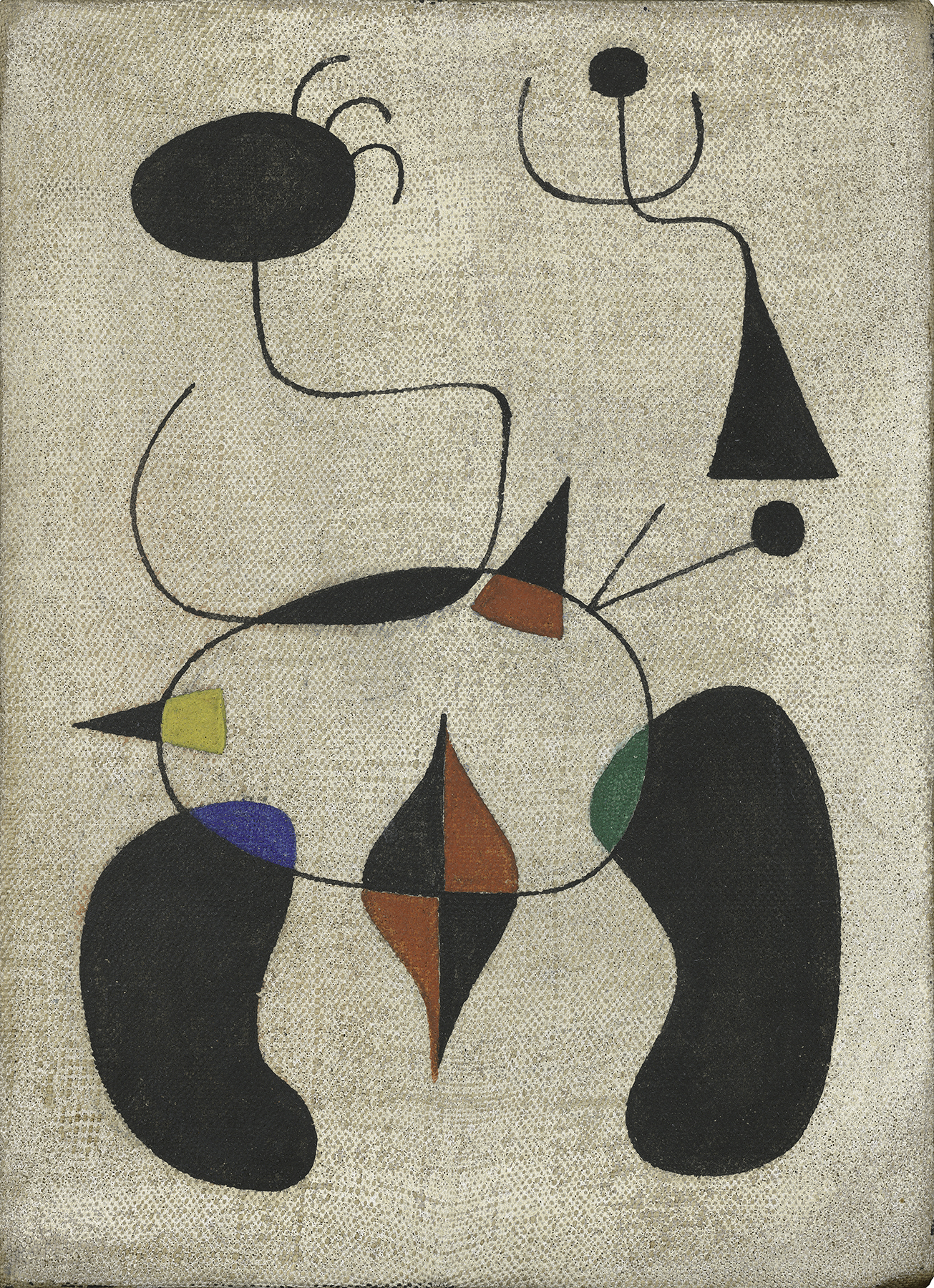 Joan Miró, Femme et oiseau (Woman and Bird), 1944, oil on canvas; 8 3/4 x 6 1/4 in. (22.23 x 15.88 cm). The Fine Arts Collection, Jan Shrem and Maria Manetti Shrem Museum of Art, University of California, Davis. Fractional gift to the Jan Shrem and Maria Manetti Shrem Museum of Art and San Francisco Museum of Modern Art from Jan Shrem and Maria Manetti Shrem. © Successió Miró / Artists Rights Society (ARS), New York /ADAGP, Paris 2024.  (Katherine Du Tiel/ photo)