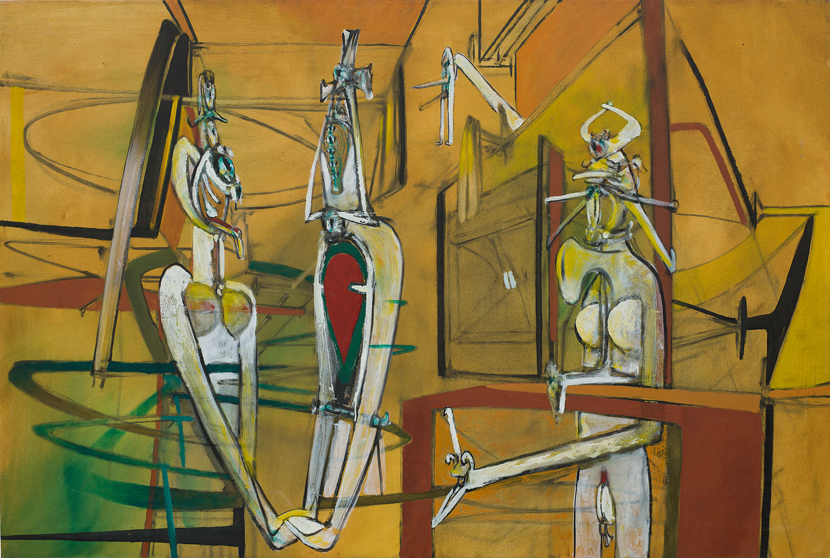 Oil on canvas showing three figures in multiple colors on gold background