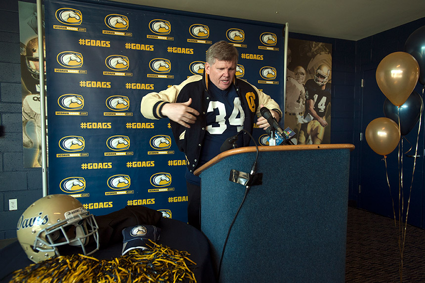 Dan Hawkins dons his old letterman jacket.