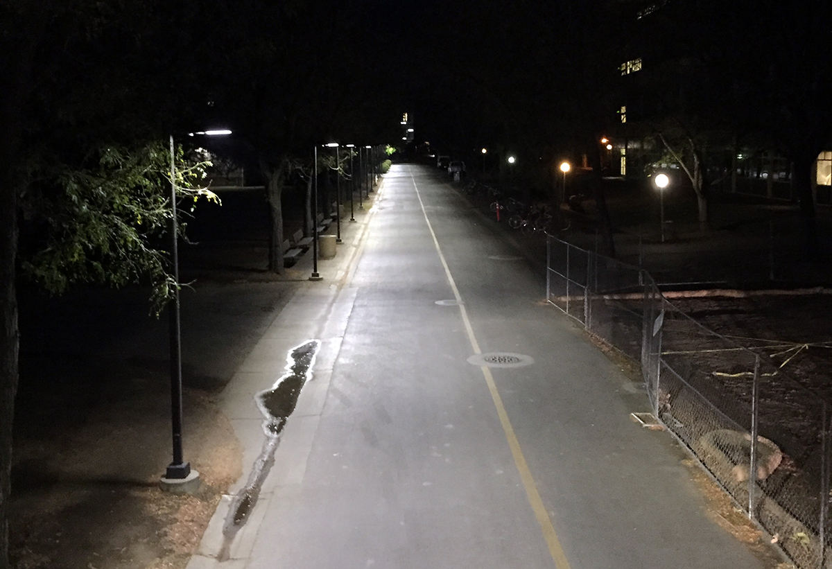 Storer Mall is lit up at night.