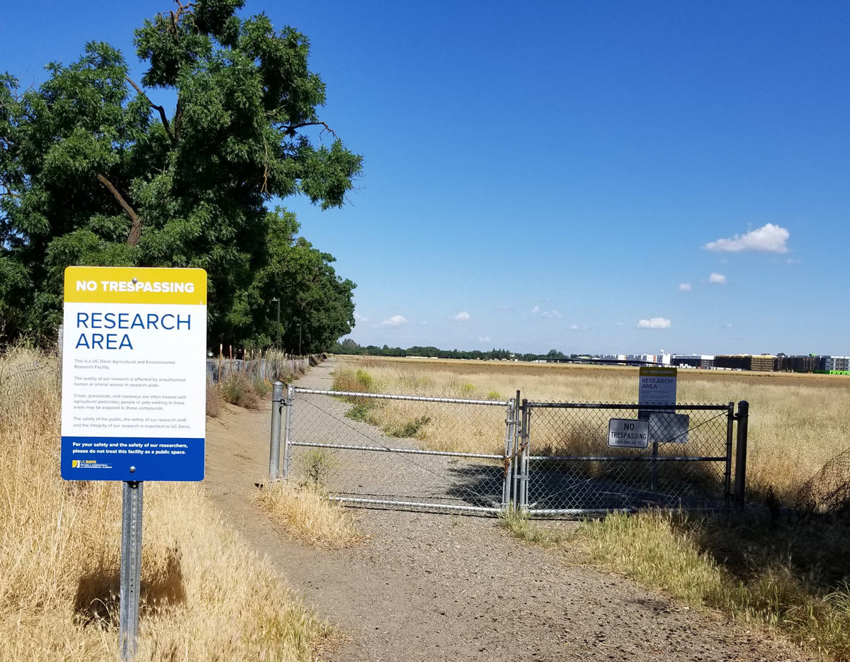 Agricultural field behind locked gates and "no trespassing" sign.