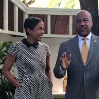 Chancellor Gary May and LeShelle in the courtyard of the Chancellor Residence