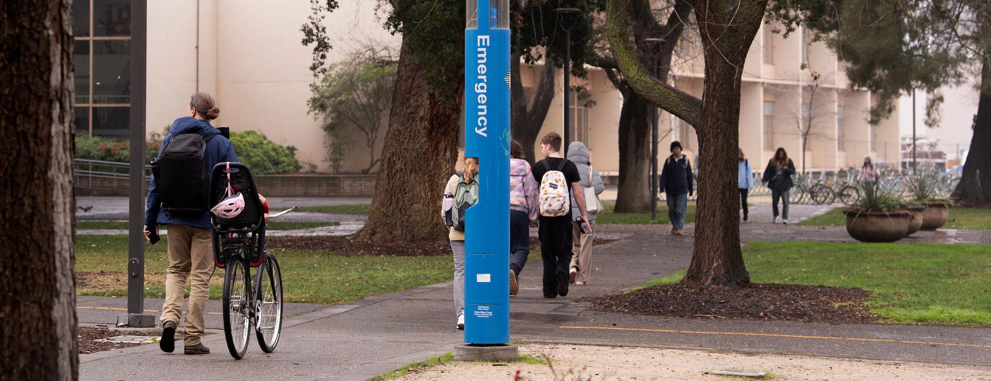 A group of students walk past an emergency blue light box on the UC Davis Campus