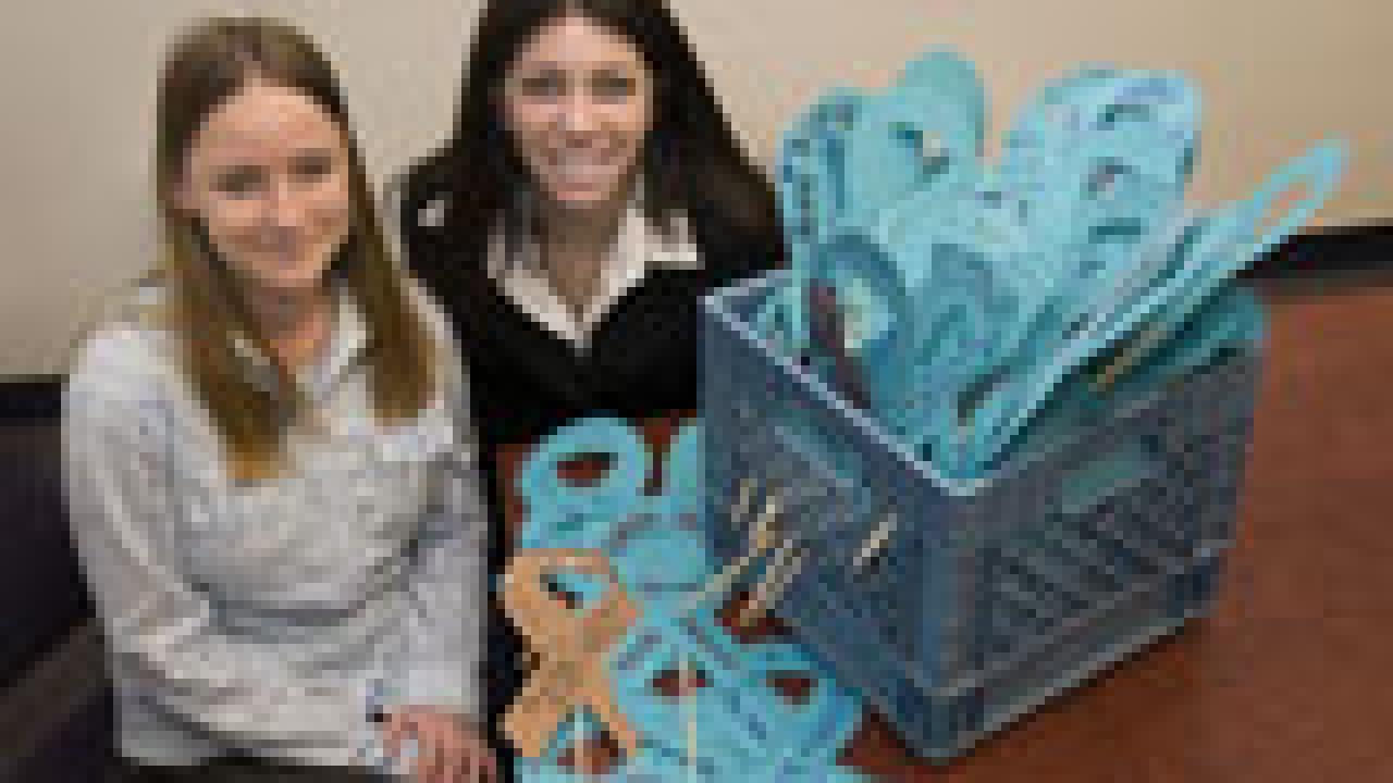 For the Victims Memorial Project next week, Shauna Stratton, left, and
Marisa Messier of the Campus Violence Prevention Program are collecting
paper ribbons inscribed with sexual as