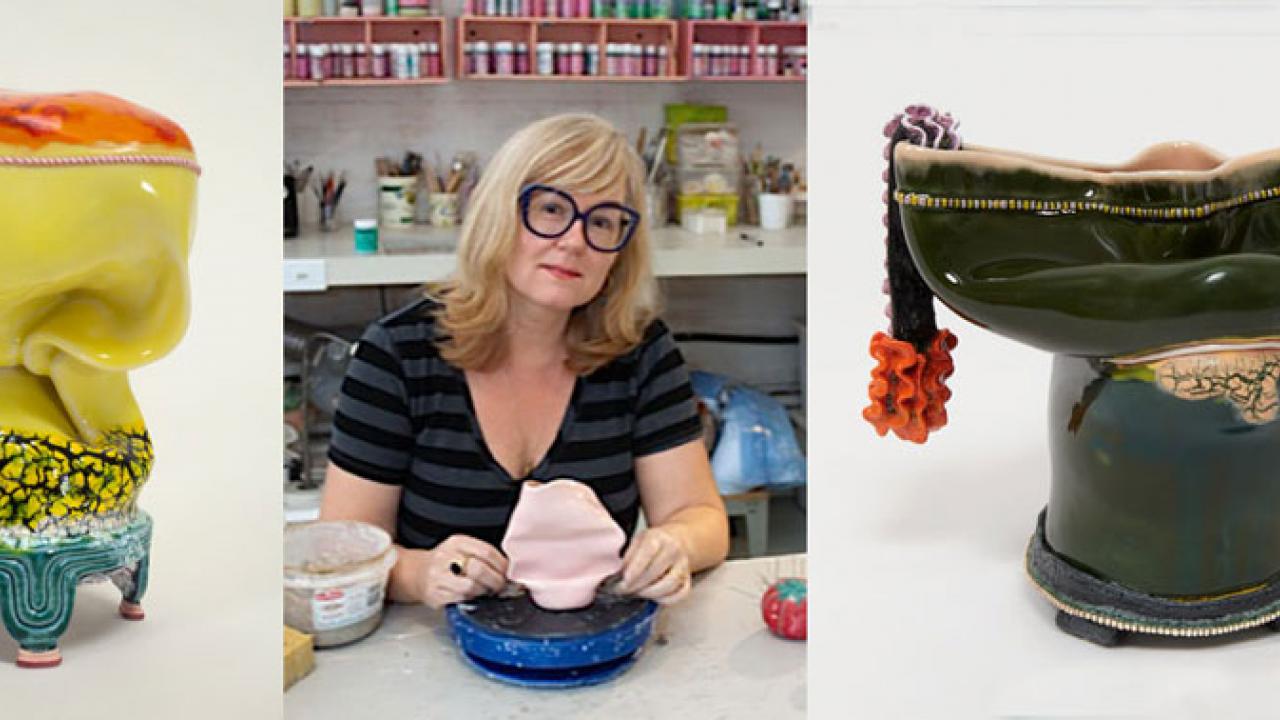 Combo: Kathy Butterly at work, in studio; flanked by two of her sculptures, "Color Hoard-r" and "Frill Seeker."