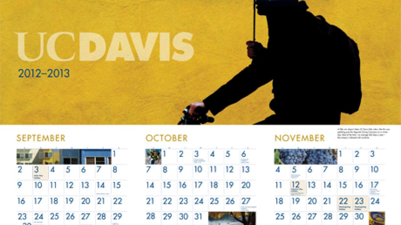 Image: 2012-13 campus poster calendar (cropped, showing bicyclist with umbrella, and part of the calendar)
