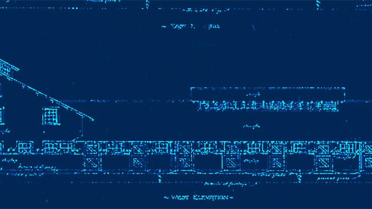 Drawing of a building in a blue background