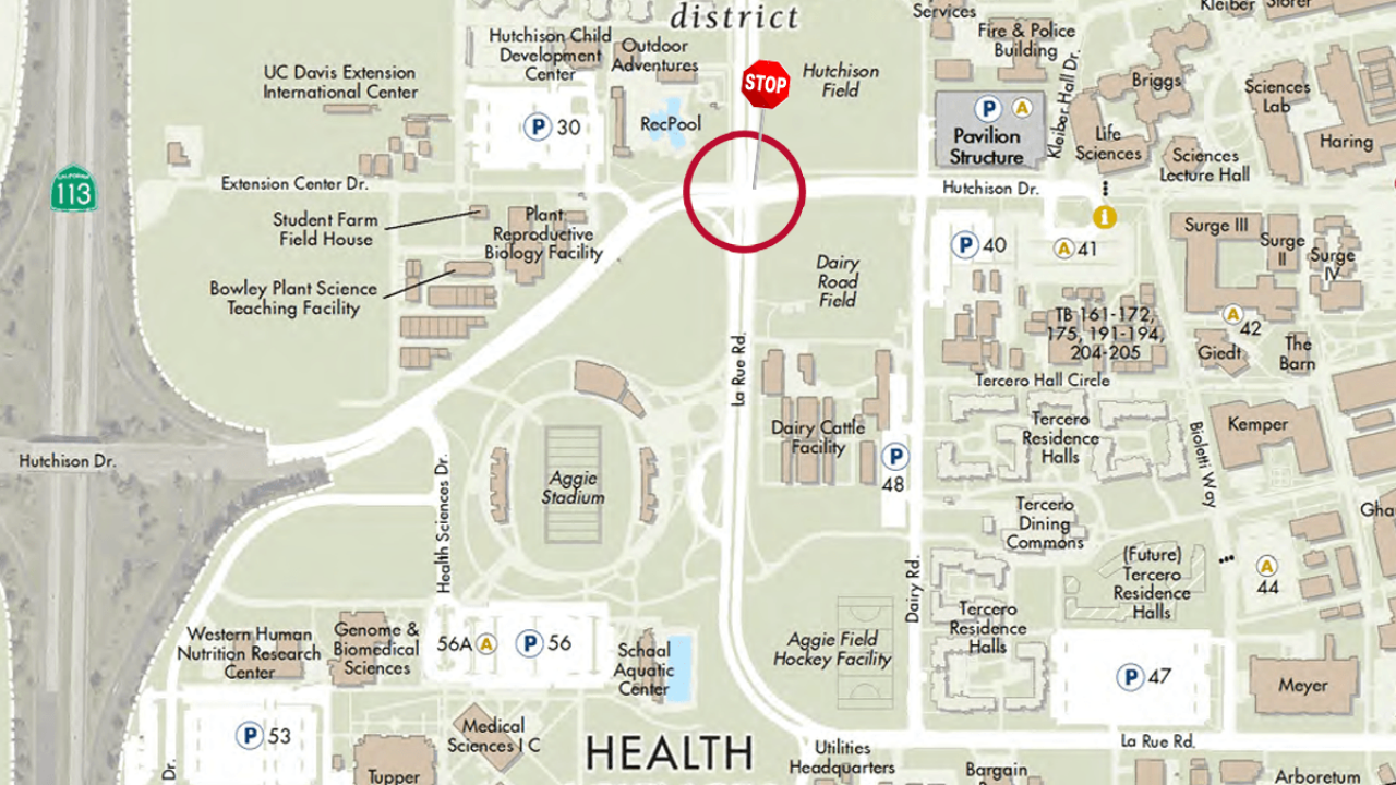 A map showing the La Rue Road and Hutchison Drive intersection at UC Davis.