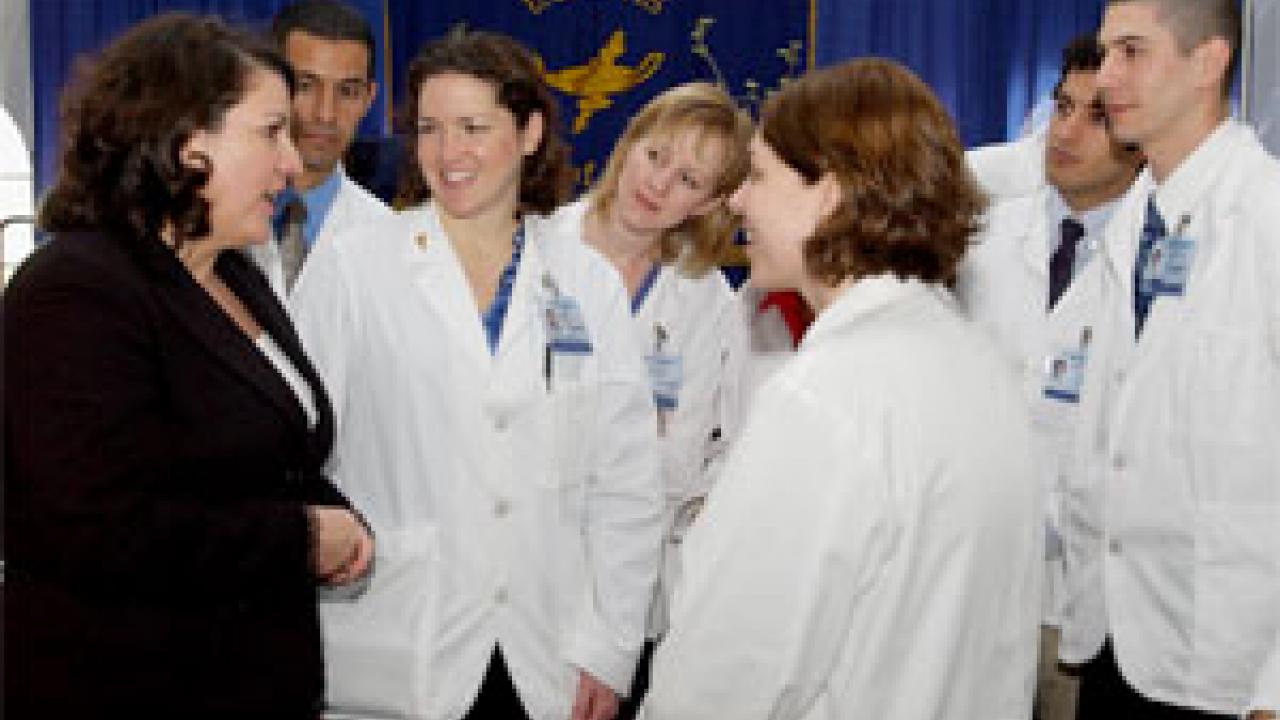 Sen. Deborah Ortiz talks with Class of 2007 medical students. She was among the dignitaries on hand for the Feb. 24 groundbreaking. 