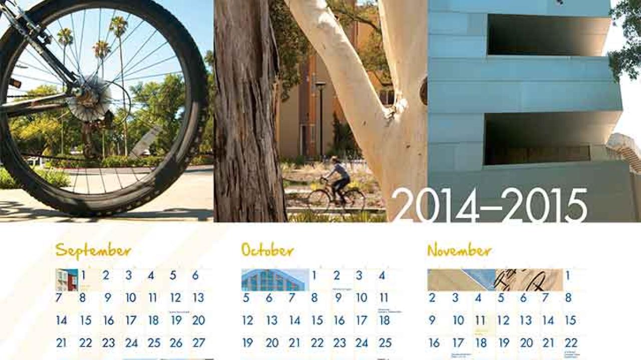 Photo image from calendar: "ONE" depicted by bicycle wheel ("O"), tree trunks and branch ("N"), and angles and shadows of the Social Sciences and Huma