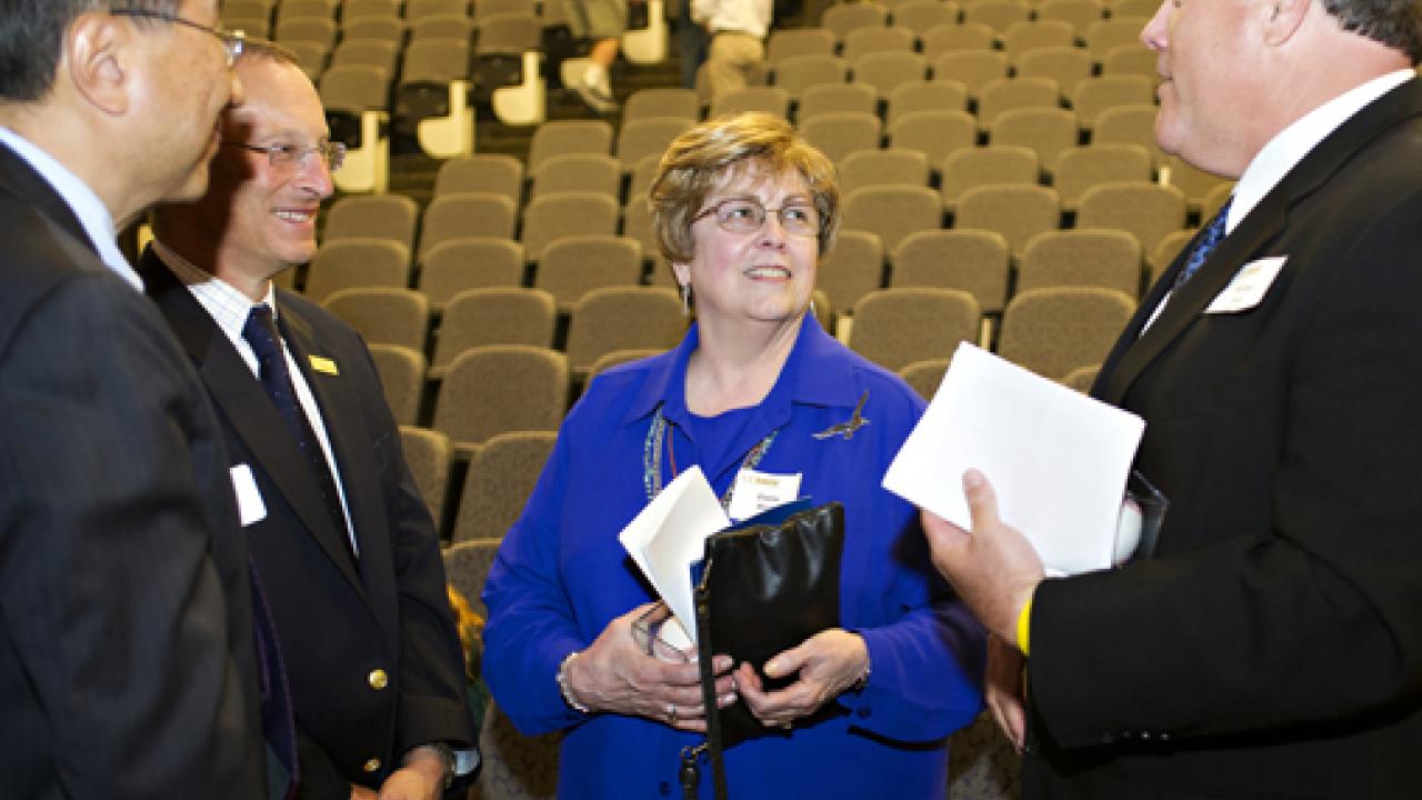 Photo: Winston Ko, Ralph J. Hexter, Elaine Rock and Mike Rock in Peter A. Rock Hall, after the dedication ceremony.