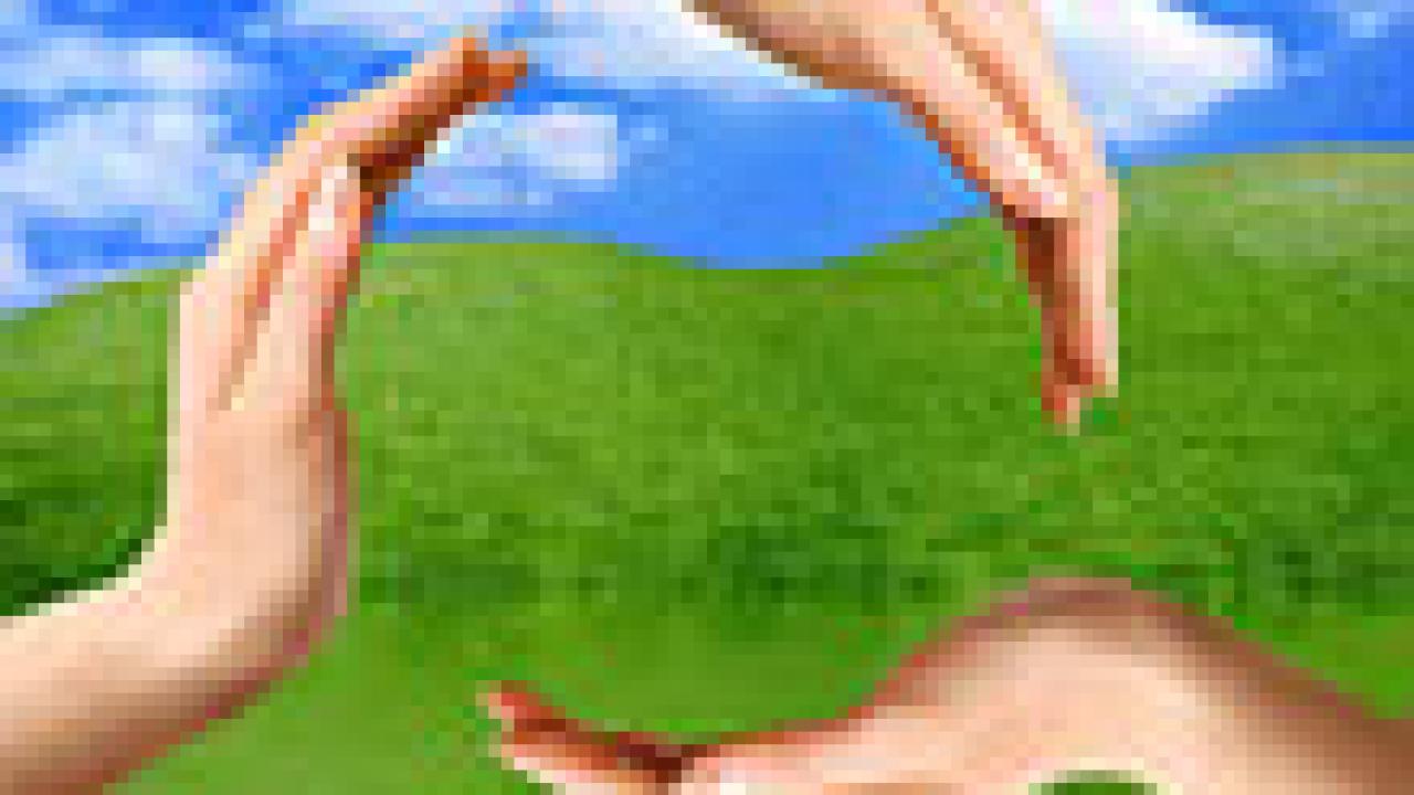 Photo: three hands mimmicking the recycle symbol with wate, sky and grass in the background