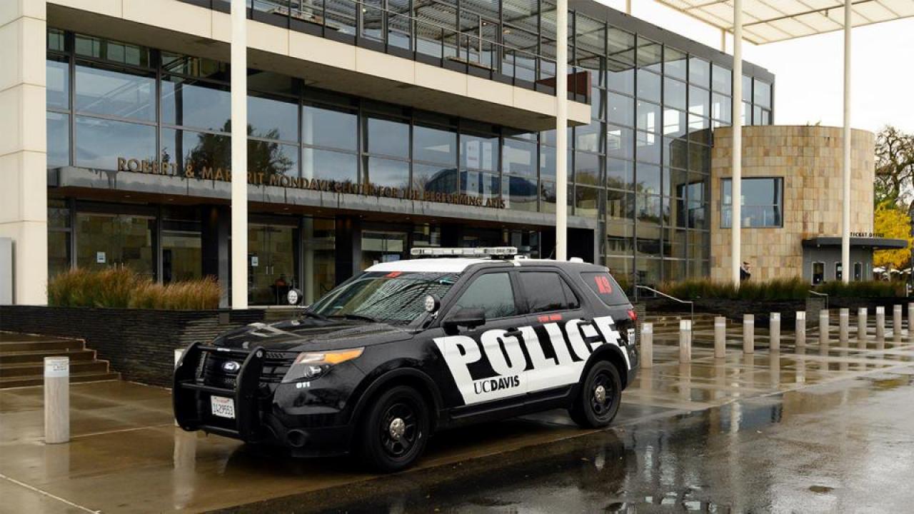 Police car parked in front of Mondavi Center.
