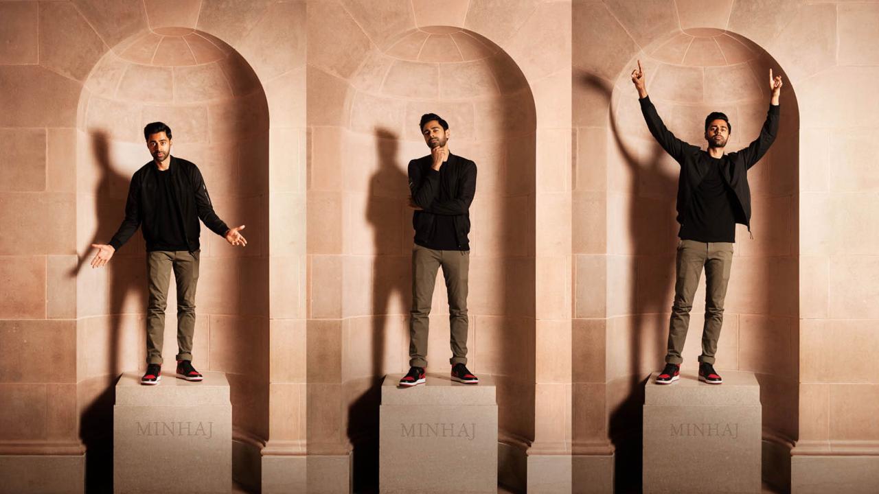 Comedian Hasan Minhaj strikes a variety of poses on an empty marble pedestal.