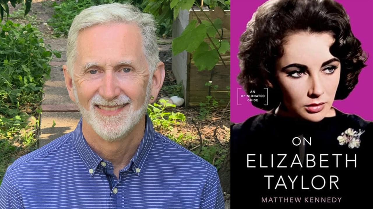 Collage of two photos: Matthew Kennedy headshot on the left, Elizabeth Taylor book cover on the right