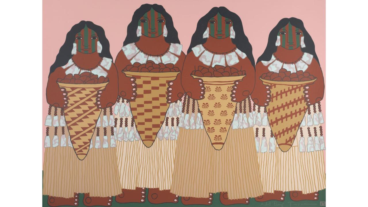 Artwork of figures in Native costumes in golds and browns