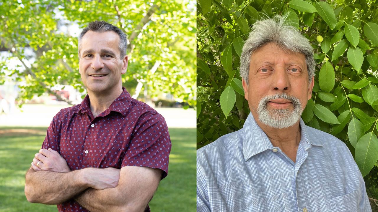 Two headshots of UC Davis faculty with backdrops of trees: the professor on the left is smiling in a short-sleeved shirt with his arms crossed, and the professor on the right has a slight smile and a checkered dress shirt 