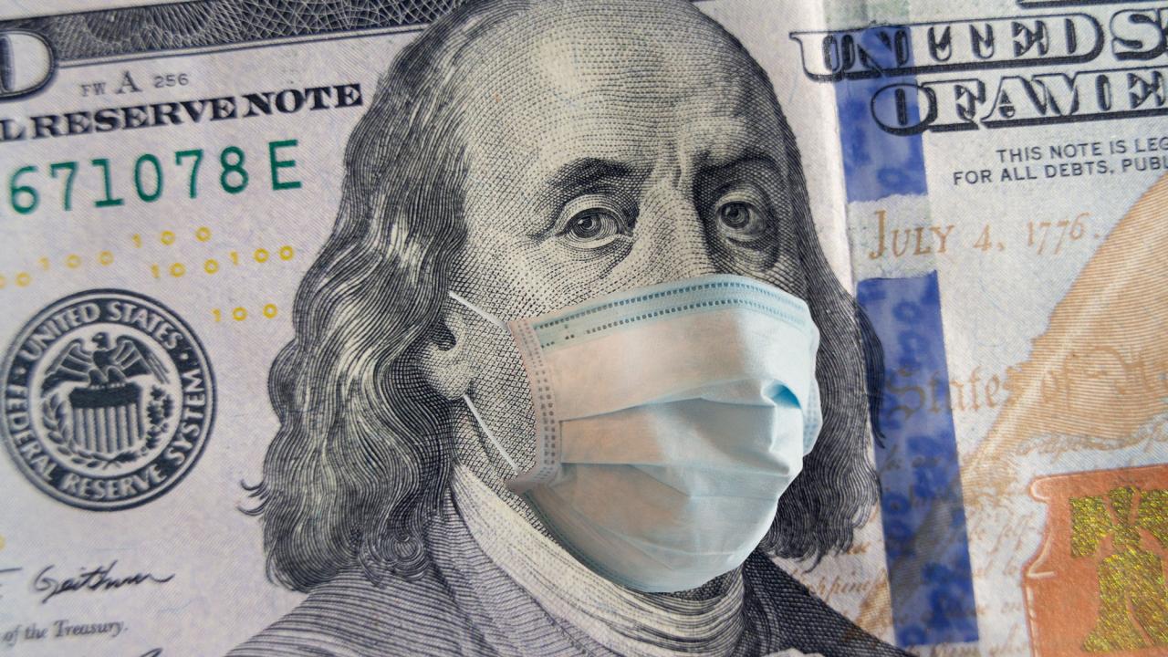 Illustration of Ben Franklin on $100 bill with a mask on.