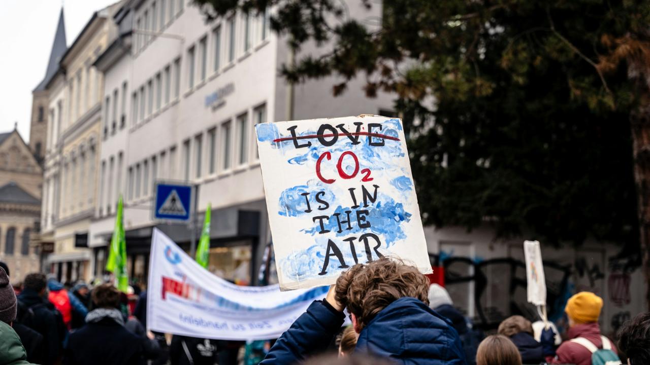 Protesters carry signs with word "love" crossed out and "CO2 Is in the Air" written on it