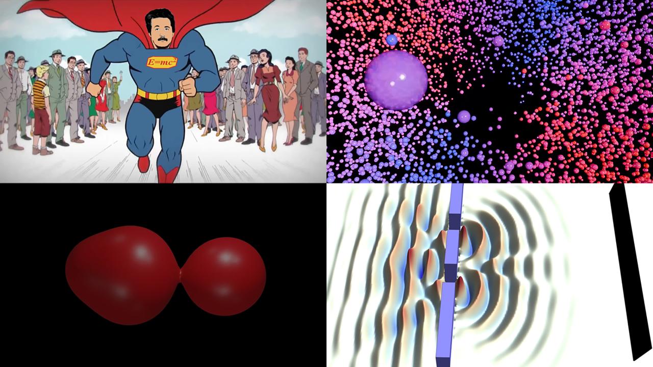 A superhero runs toward a crowd, surrounded by abstract cosmic graphics and wave patterns.