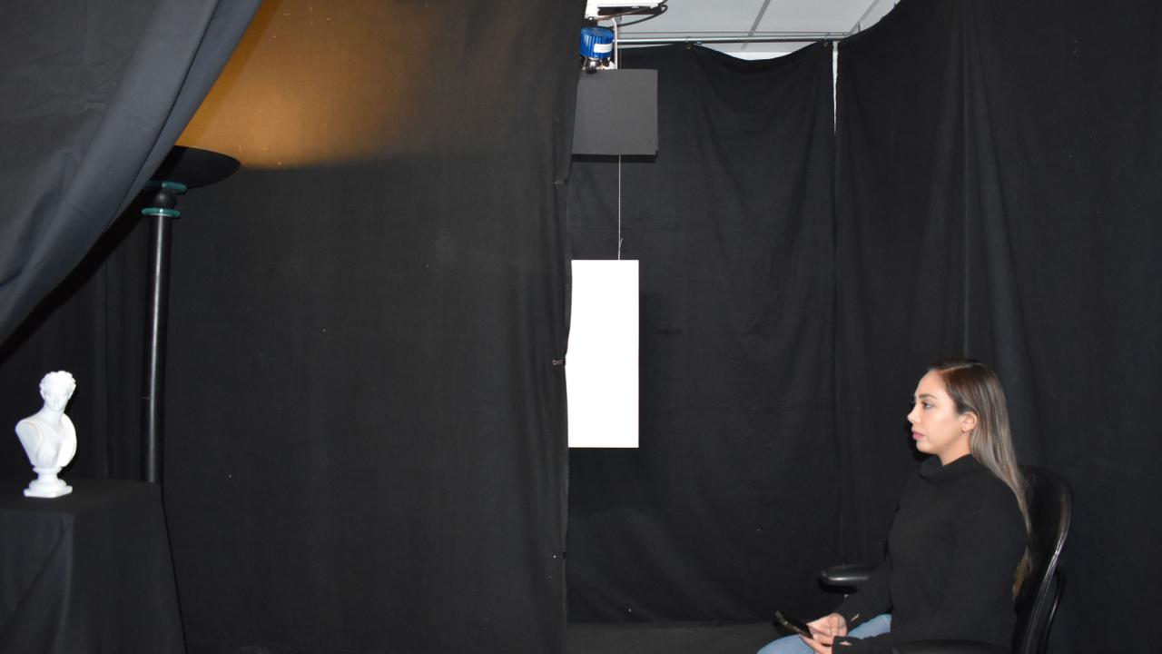 A woman sitting in a chair stares at a small white bust a few feet in front of her. The room is draped with black sheets.