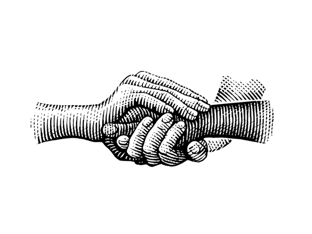 a woodcut illustration of three hands holding each other